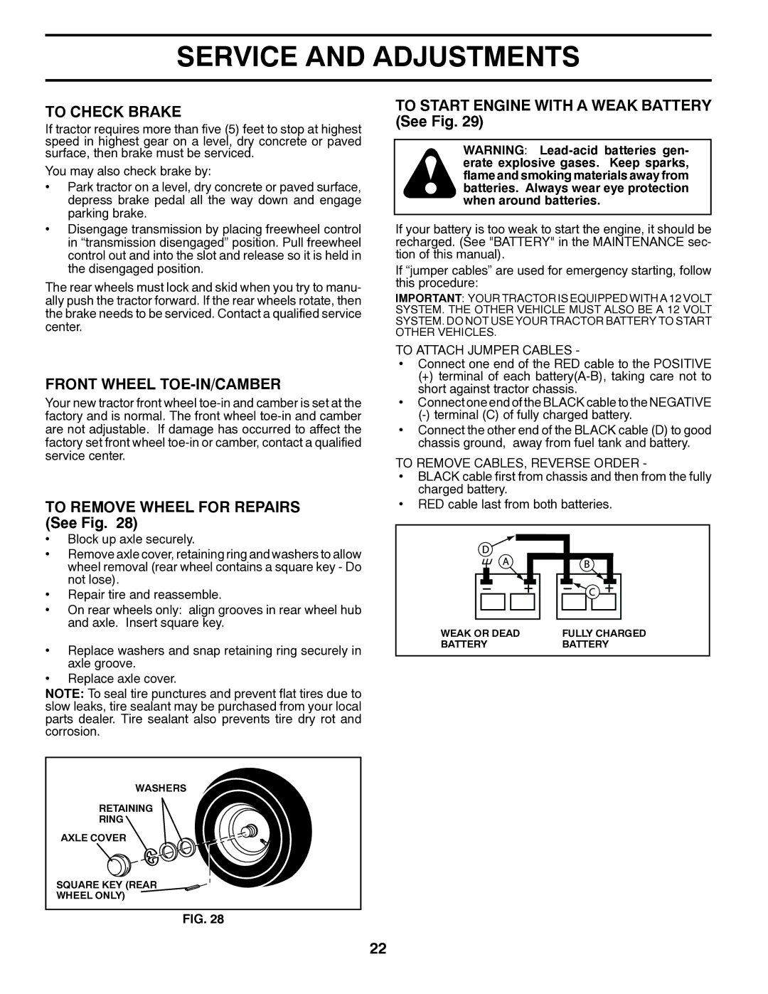 Husqvarna YTH2246 owner manual To Check Brake, Front Wheel TOE-IN/CAMBER, To Remove Wheel for Repairs See Fig 