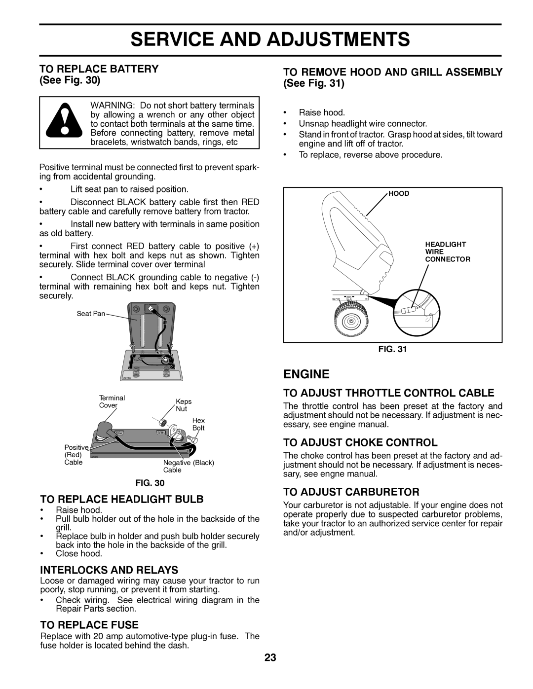 Husqvarna YTH2246 To Replace Headlight Bulb, Interlocks and Relays, To Replace Fuse, To Adjust Throttle Control Cable 