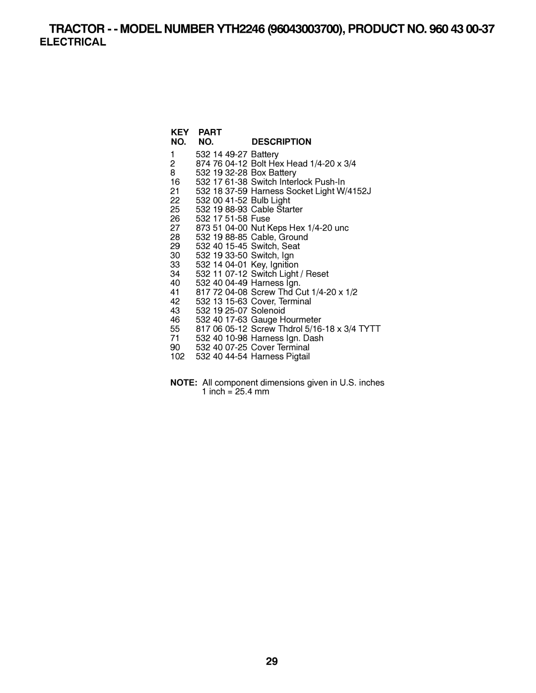 Husqvarna YTH2246 owner manual KEY Part NO. NO. Description 