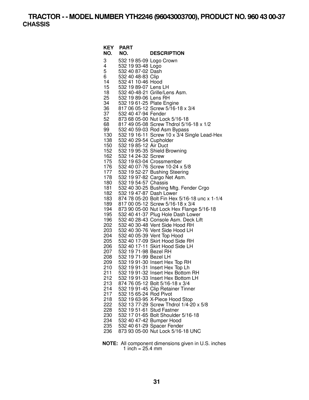 Husqvarna owner manual Tractor - Model Number YTH2246 96043003700, Product no 43 