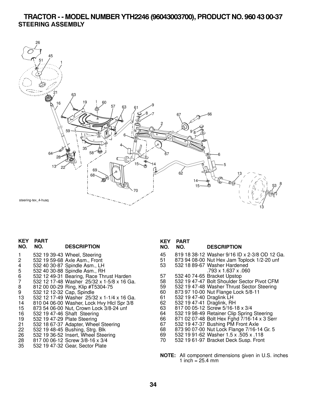 Husqvarna YTH2246 owner manual Steering Assembly, KEY Part NO. NO. Description 