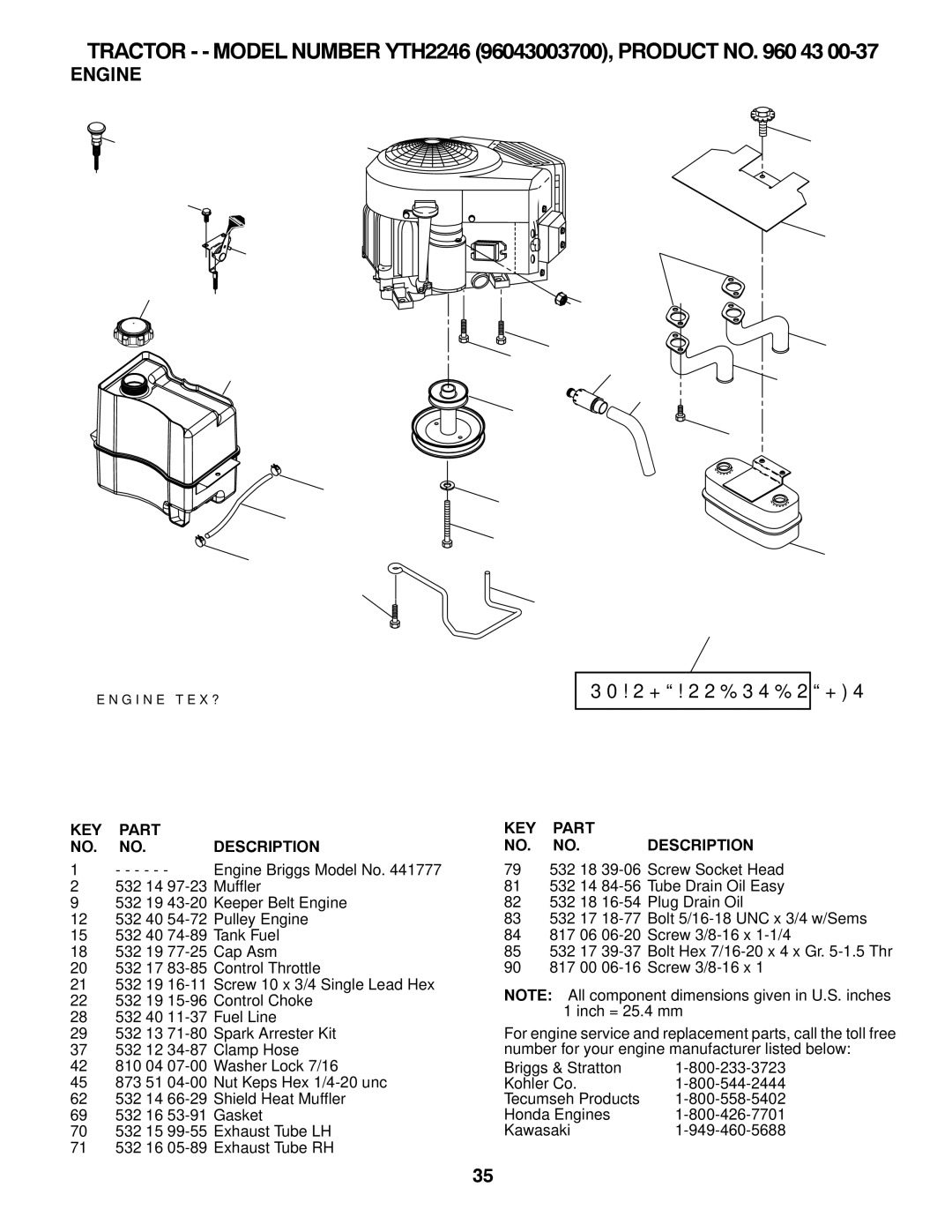 Husqvarna YTH2246 owner manual Engine, 30!2+ª!22%34%2ª+4 