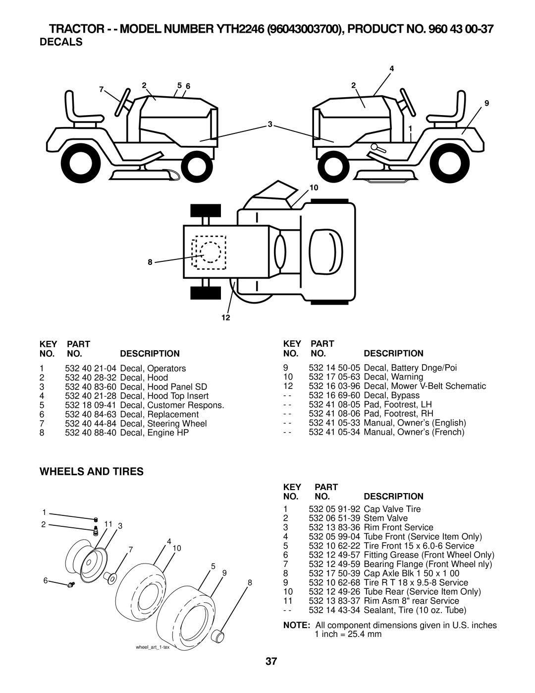 Husqvarna YTH2246 owner manual Decals, Wheels and Tires 