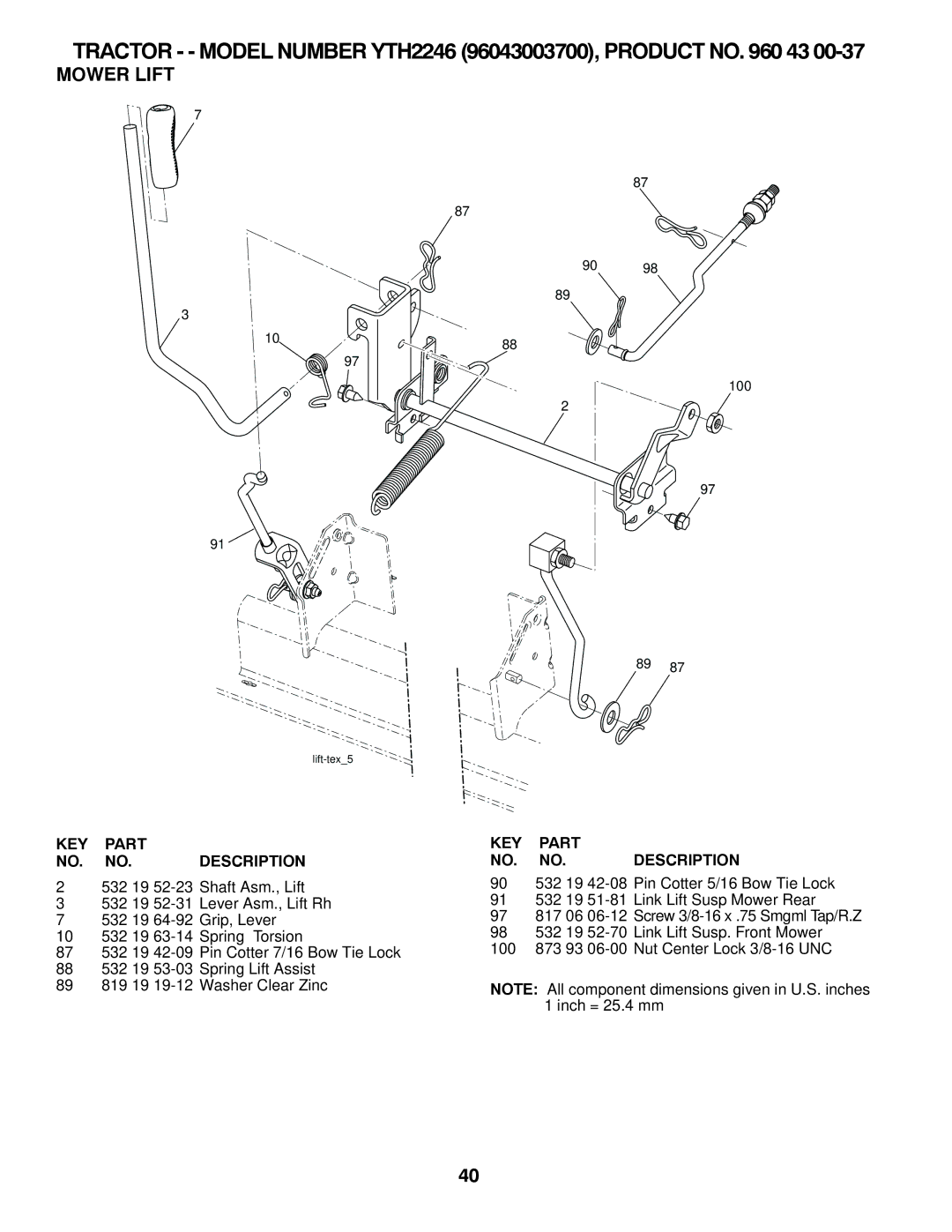 Husqvarna YTH2246 owner manual Mower Lift, KEY Part NO. NO. Description 