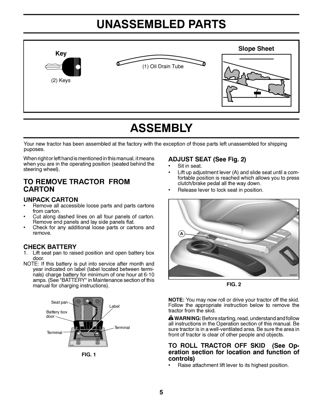 Husqvarna YTH2246 owner manual Unassembled Parts, Assembly, To Remove Tractor from Carton, Unpack Carton, Check Battery 