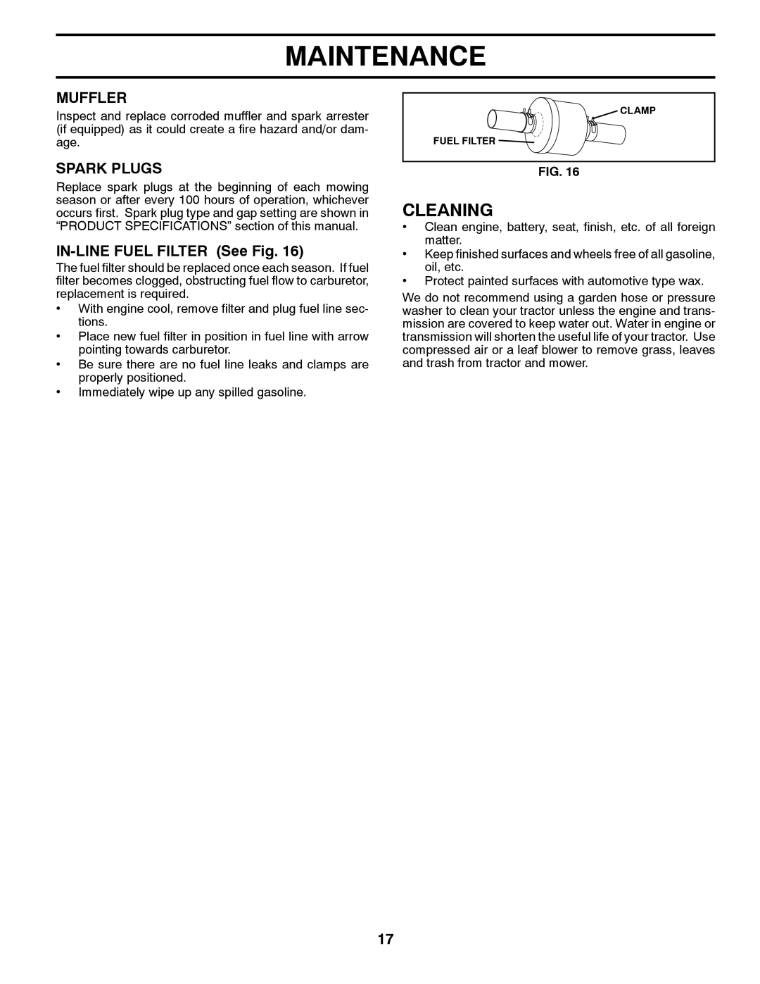 Husqvarna YTH2246 owner manual Cleaning, Muffler, Spark Plugs, IN-LINE FUEL FILTER See Fig, Maintenance 