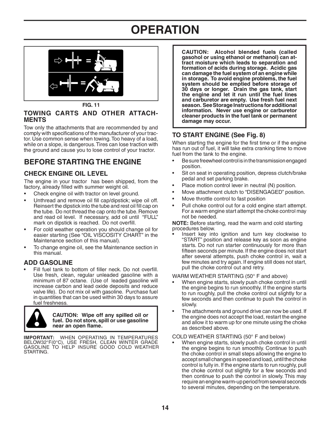 Husqvarna YTH2248 Before Starting the Engine, Towing Carts and Other ATTACH- Ments, Check Engine OIL Level, ADD Gasoline 