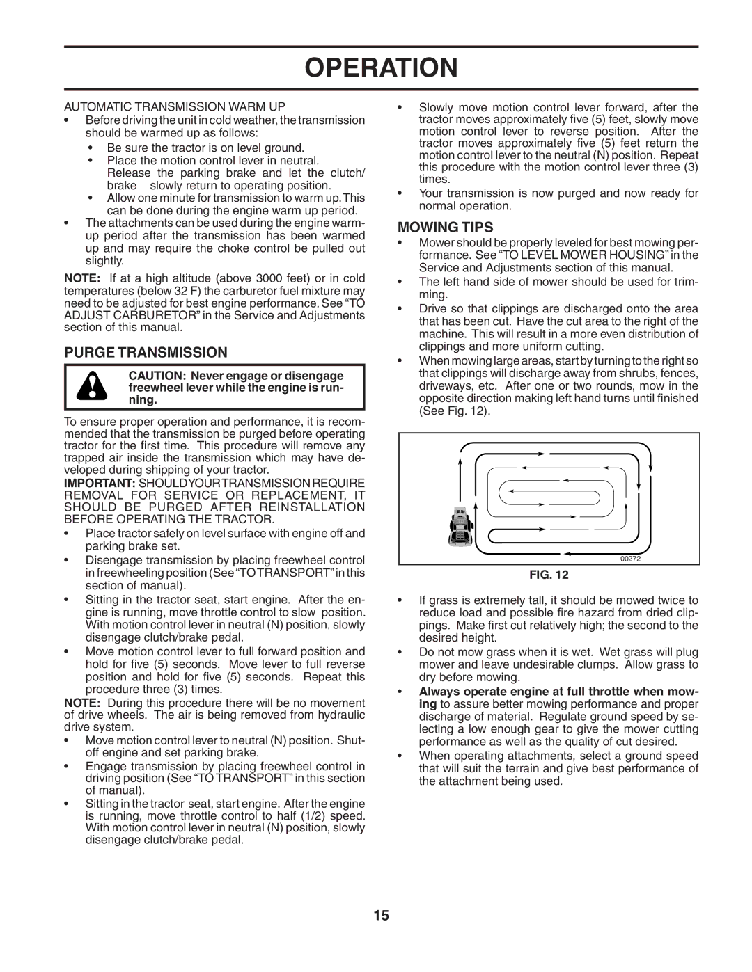 Husqvarna YTH2248 owner manual Purge Transmission, Mowing Tips, Automatic Transmission Warm UP 