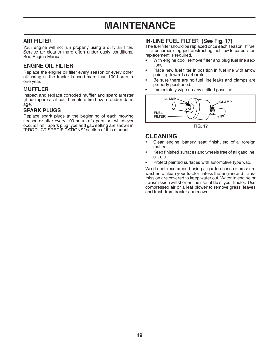 Husqvarna YTH2248 owner manual Cleaning, AIR Filter, Engine OIL Filter, Muffler, Spark Plugs 