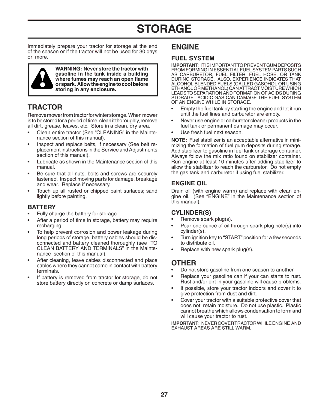 Husqvarna YTH2248 owner manual Storage, Other, Fuel System, Engine OIL, Cylinders 