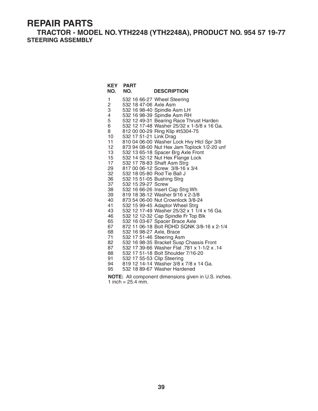 Husqvarna YTH2248 owner manual KEY Part NO. NO. Description 