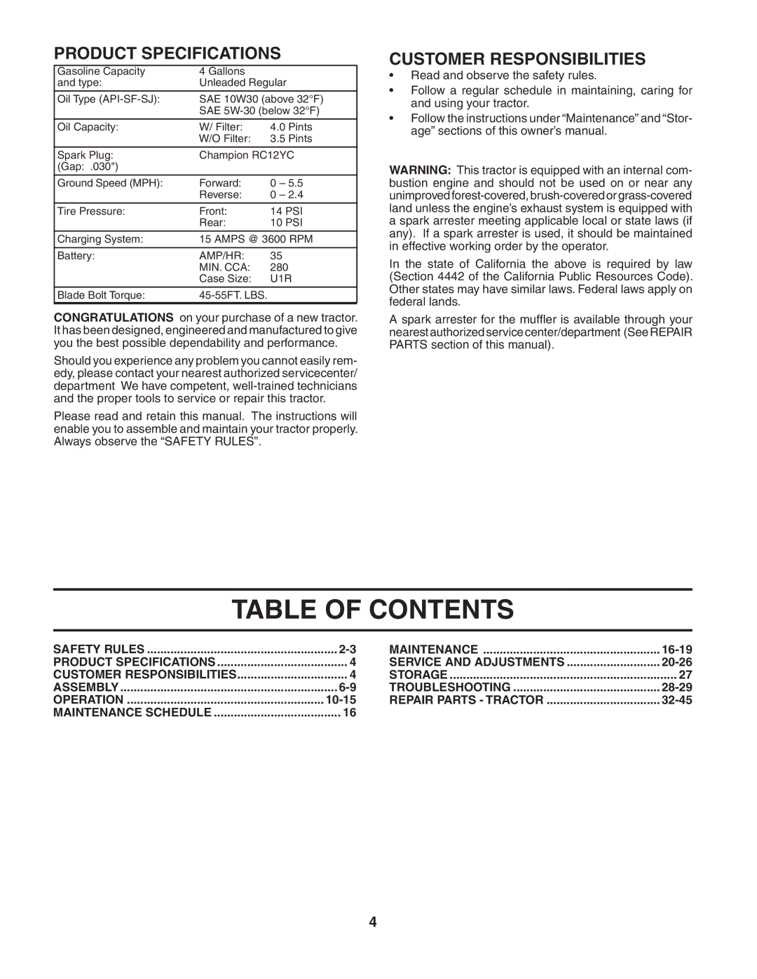 Husqvarna YTH2248 owner manual Table of Contents 