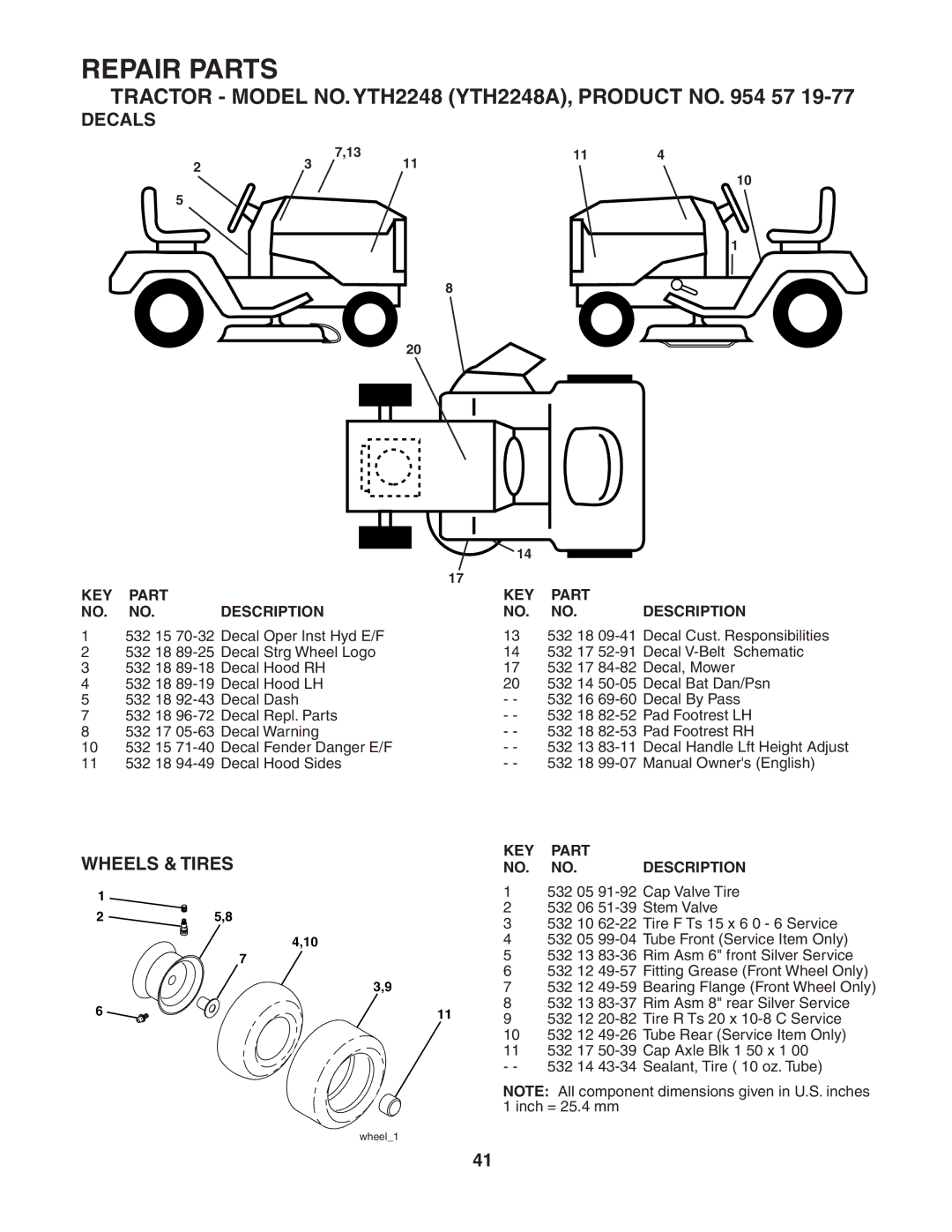 Husqvarna YTH2248 owner manual Decals, Wheels & Tires 