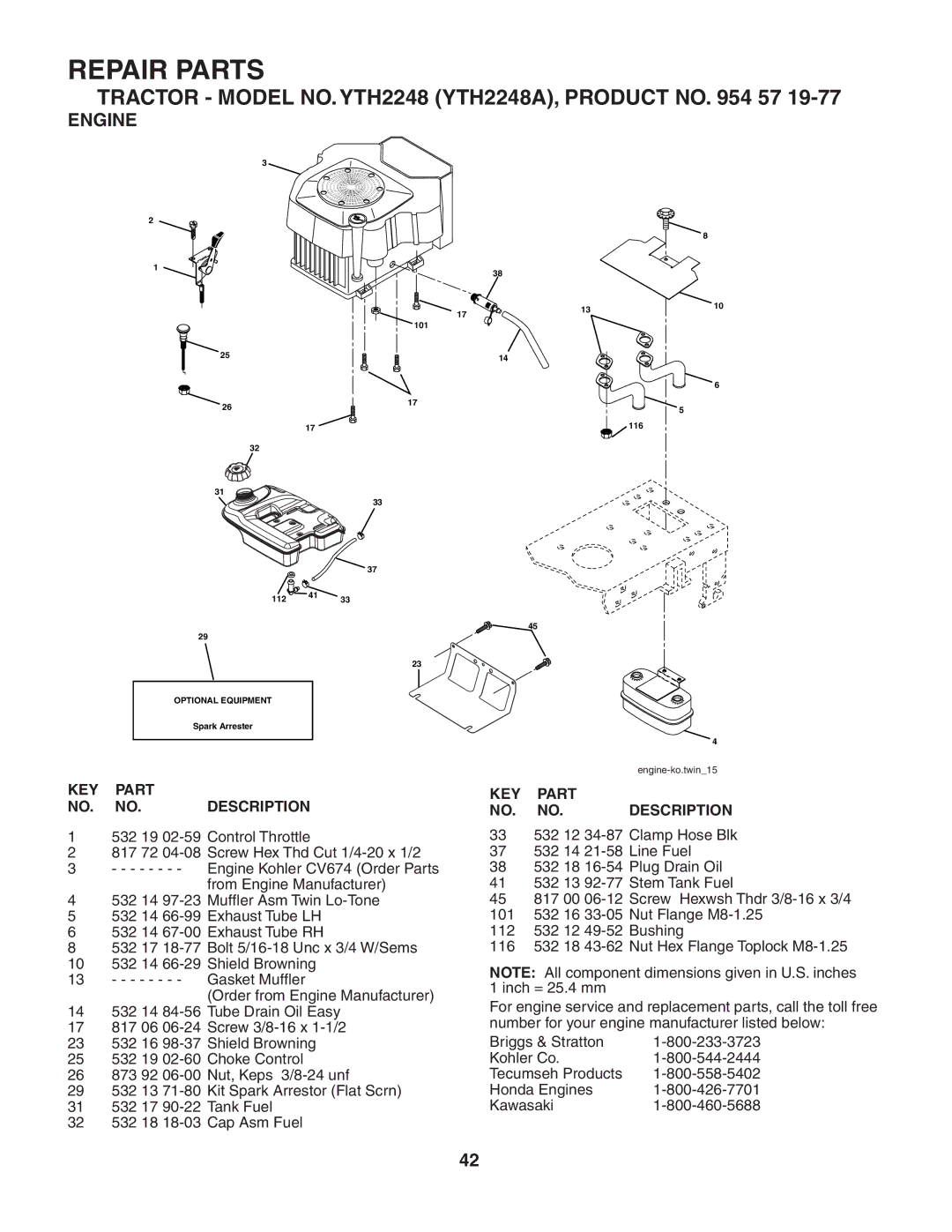 Husqvarna YTH2248 owner manual Engine 