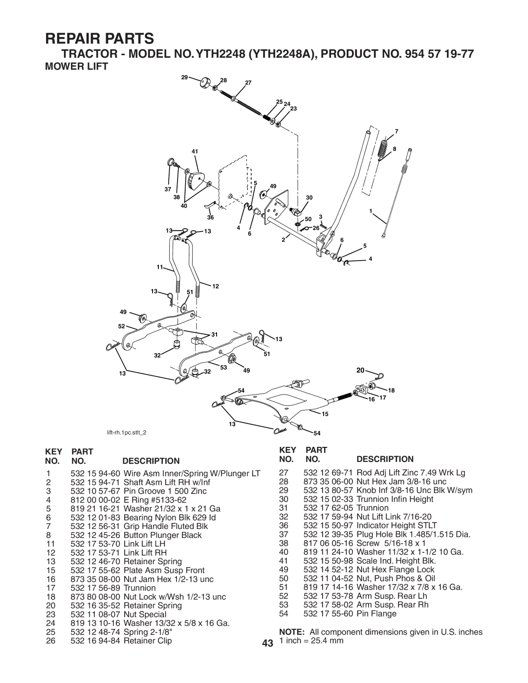 Husqvarna YTH2248 owner manual Mower Lift 