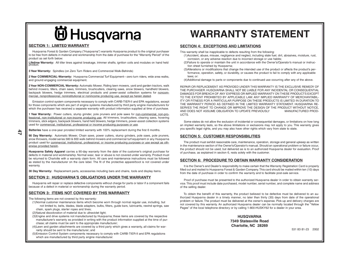 Husqvarna YTH2248 owner manual Warranty Statement 