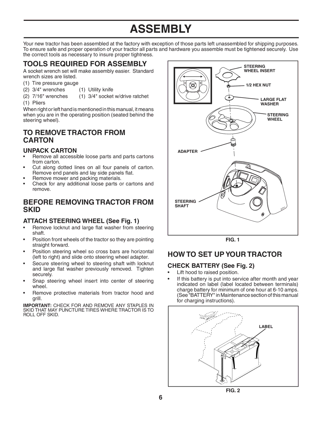 Husqvarna YTH2248 Tools Required for Assembly, To Remove Tractor from Carton, Before Removing Tractor from Skid 