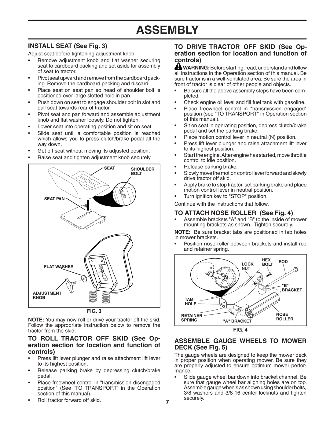 Husqvarna YTH2248 Install Seat See Fig, To Attach Nose Roller See Fig, Assemble Gauge Wheels to Mower Deck See Fig 