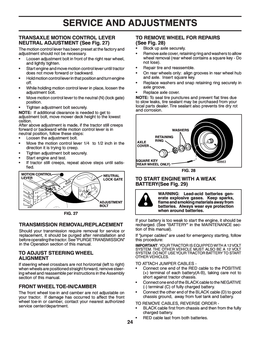 Husqvarna YTH2248 TO REMOVE WHEEL FOR REPAIRS See Fig, Transmission Removal/Replacement, Front Wheel Toe-In/Camber 
