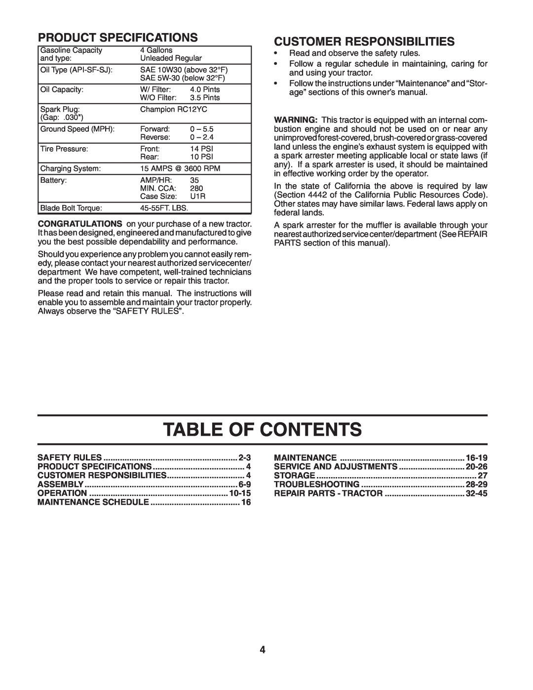 Husqvarna YTH2248 owner manual Table Of Contents, Product Specifications, Customer Responsibilities 