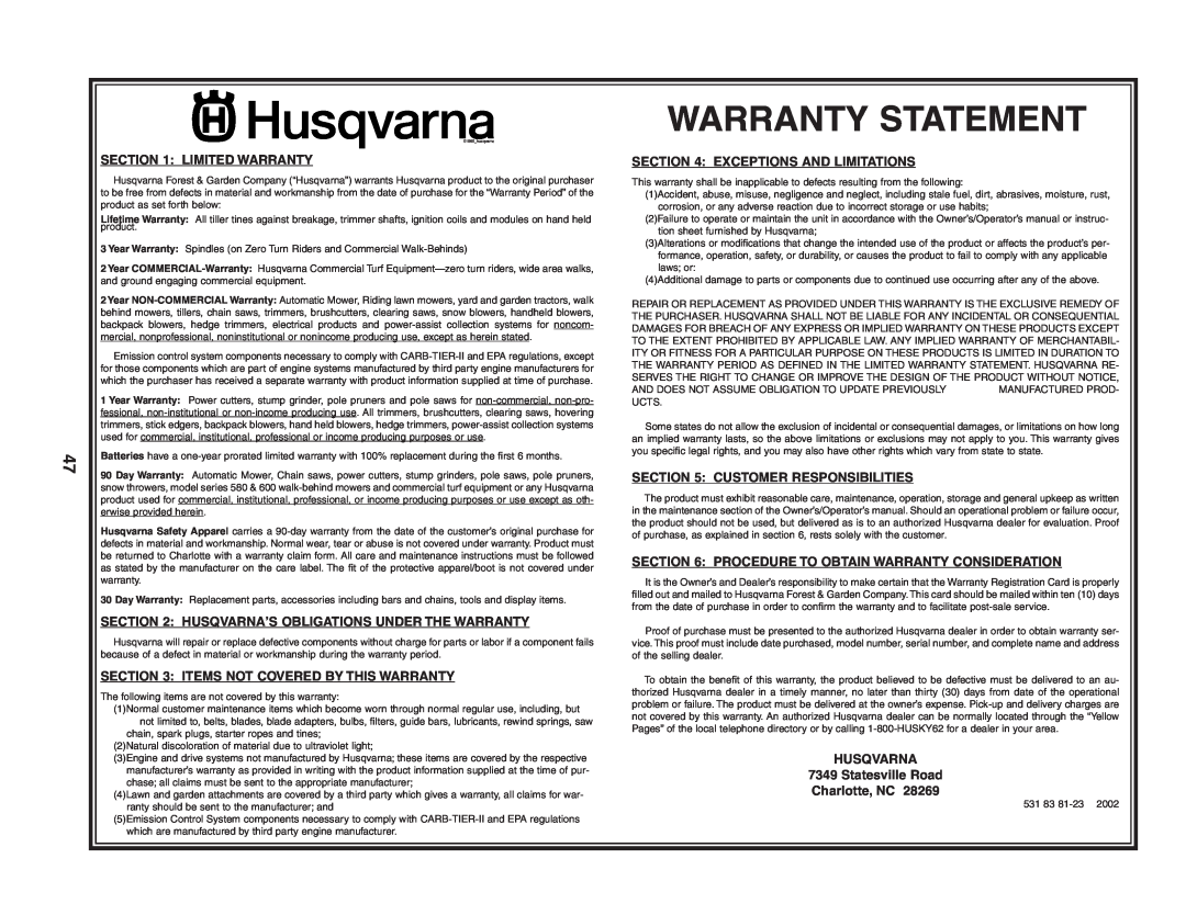 Husqvarna YTH2248 owner manual Warranty Statement, Limited Warranty, Husqvarna’S Obligations Under The Warranty 