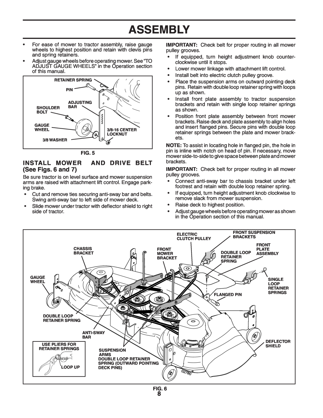 Husqvarna YTH2248 owner manual INSTALL MOWER AND DRIVE BELT See Figs. 6 and, Assembly 