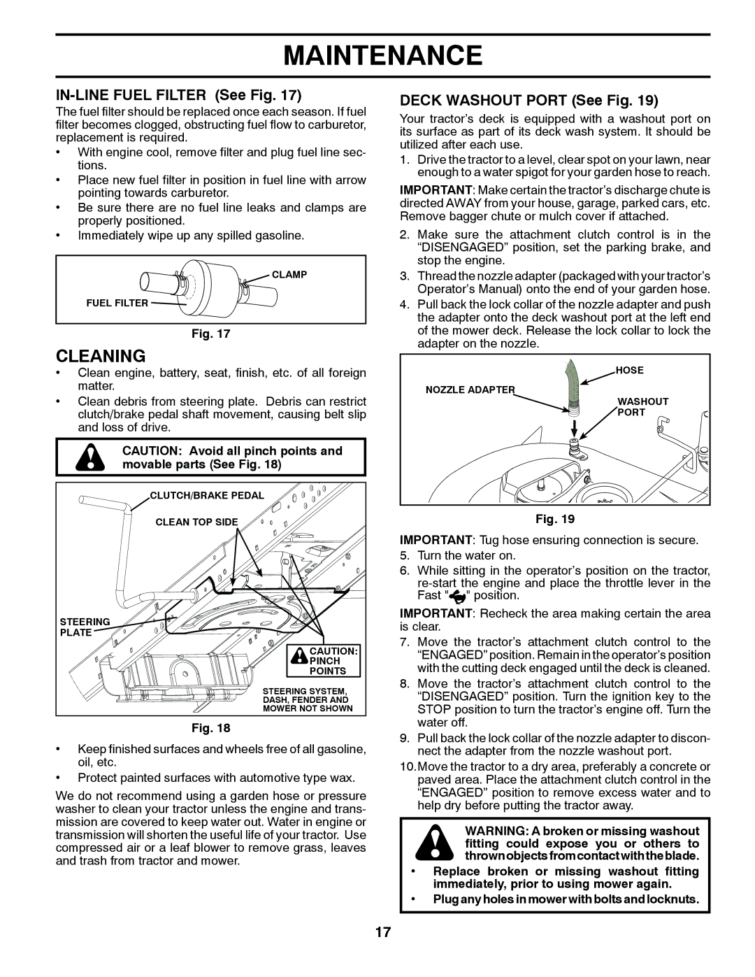 Husqvarna YTH22V42 owner manual Cleaning, IN-LINE Fuel Filter See Fig, Deck Washout Port See Fig 