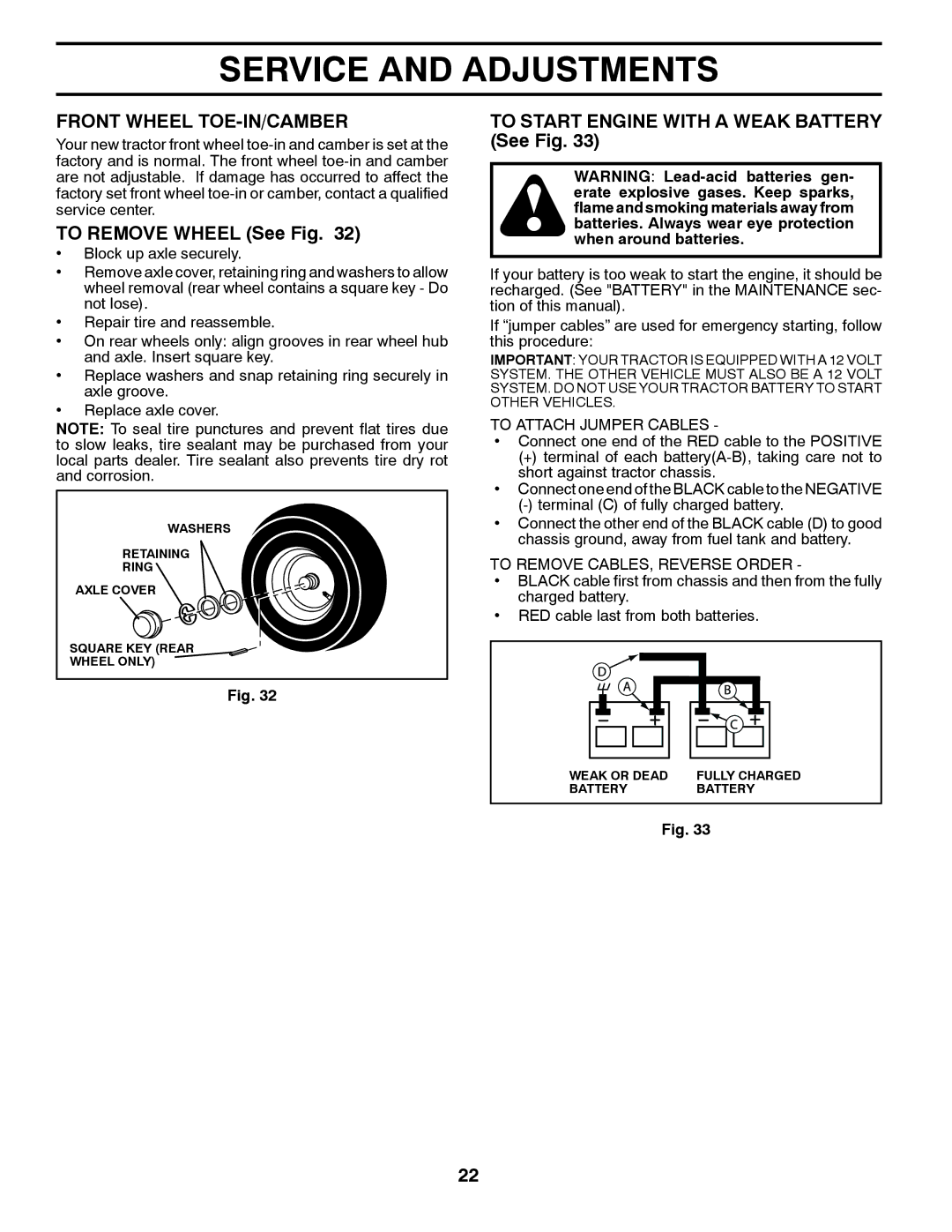 Husqvarna YTH22V42 owner manual Service and Adjustments, Front Wheel TOE-IN/CAMBER, To Remove Wheel See Fig 