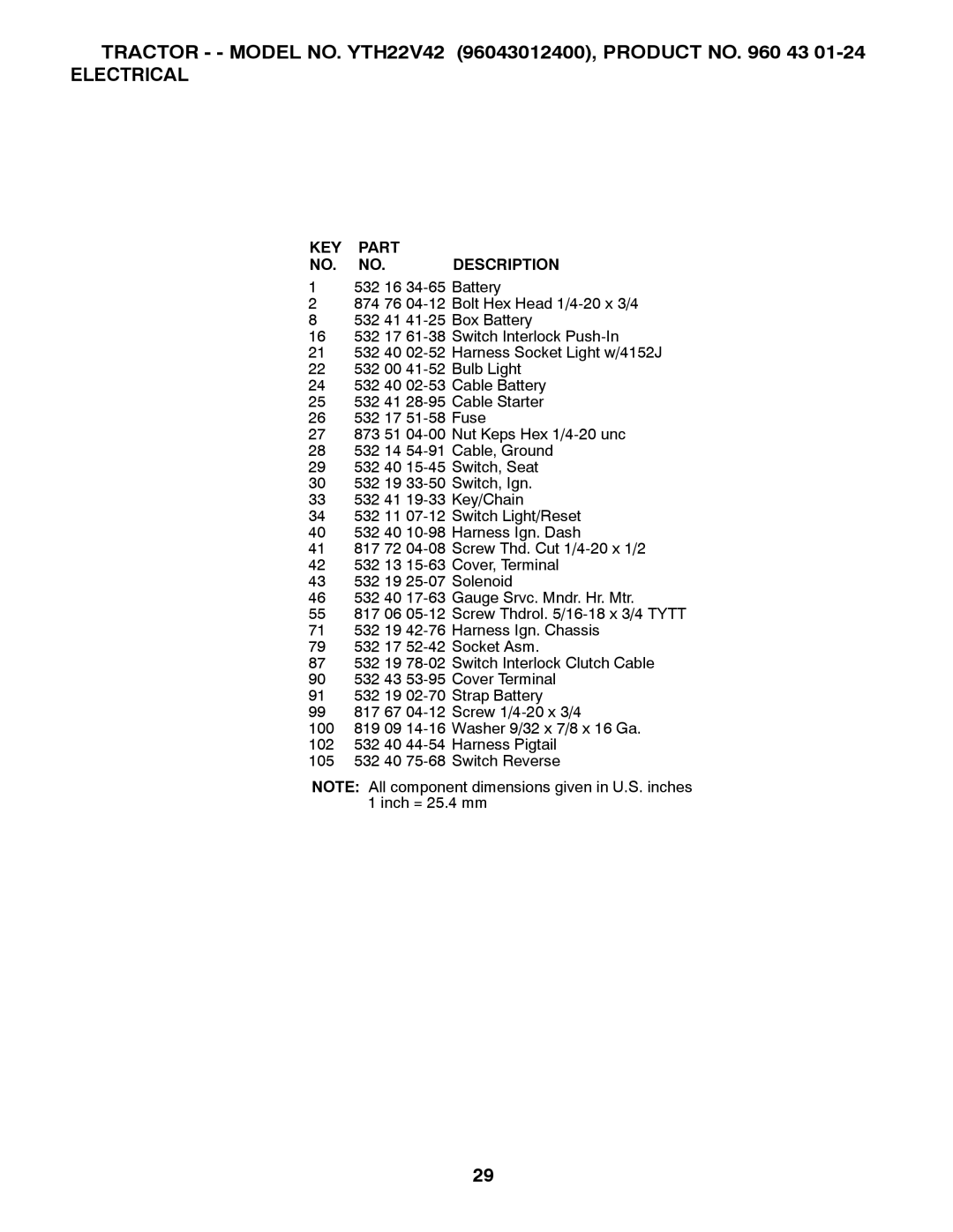 Husqvarna YTH22V42 owner manual Electrical, KEY Part NO. NO. Description 