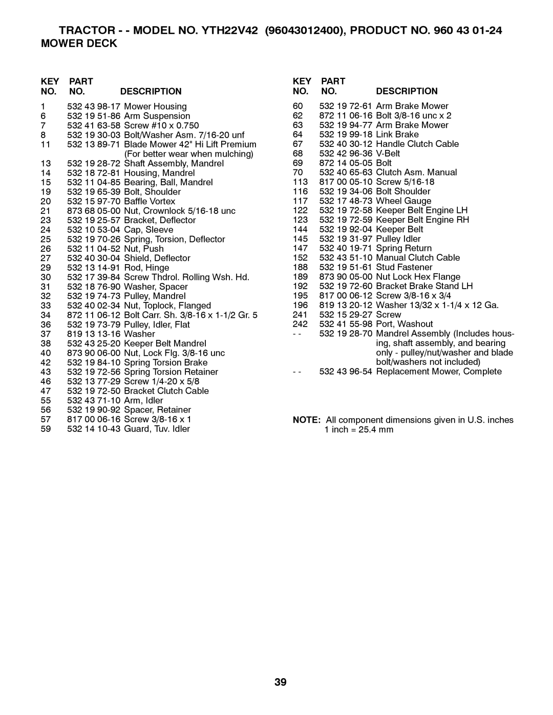 Husqvarna YTH22V42 owner manual Mower Deck 