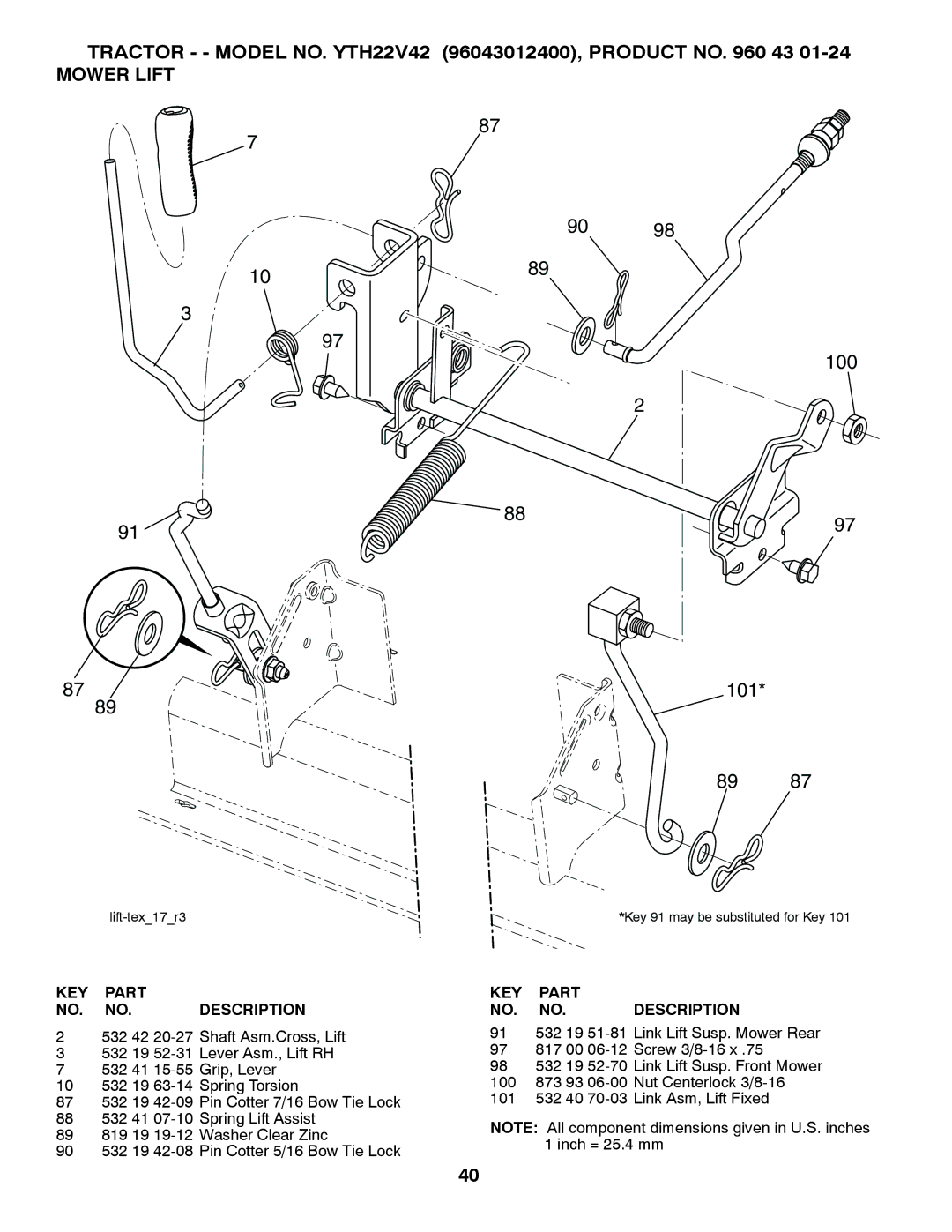 Husqvarna YTH22V42 owner manual 100 101, Mower Lift 