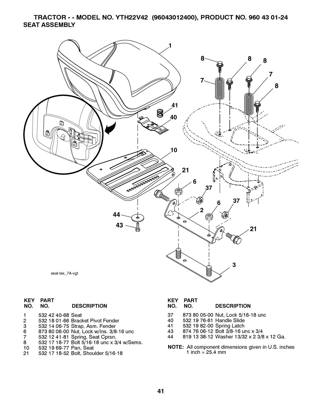 Husqvarna YTH22V42 owner manual Seat Assembly 