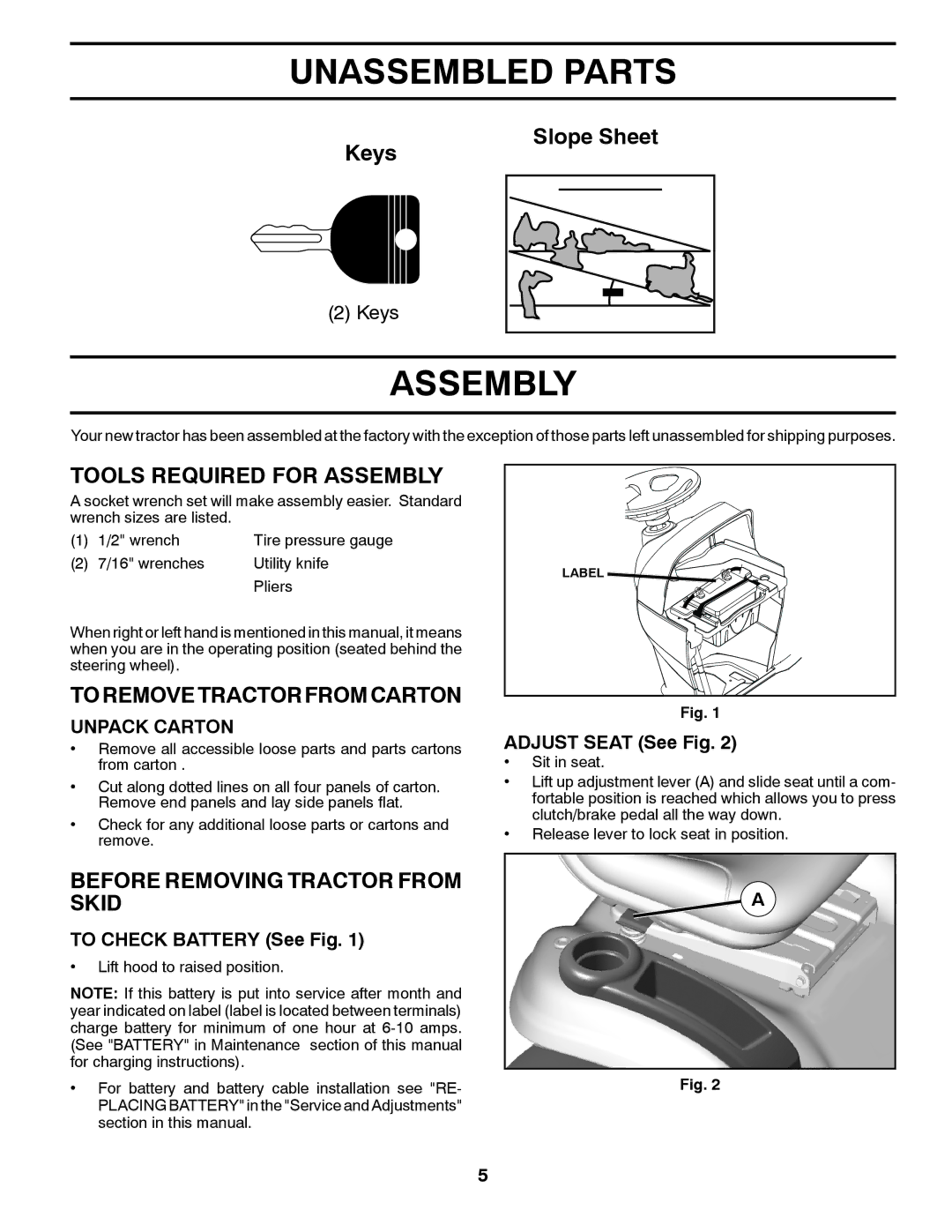 Husqvarna YTH22V42 owner manual Unassembled Parts, Tools Required for Assembly, To Remove Tractor from Carton 