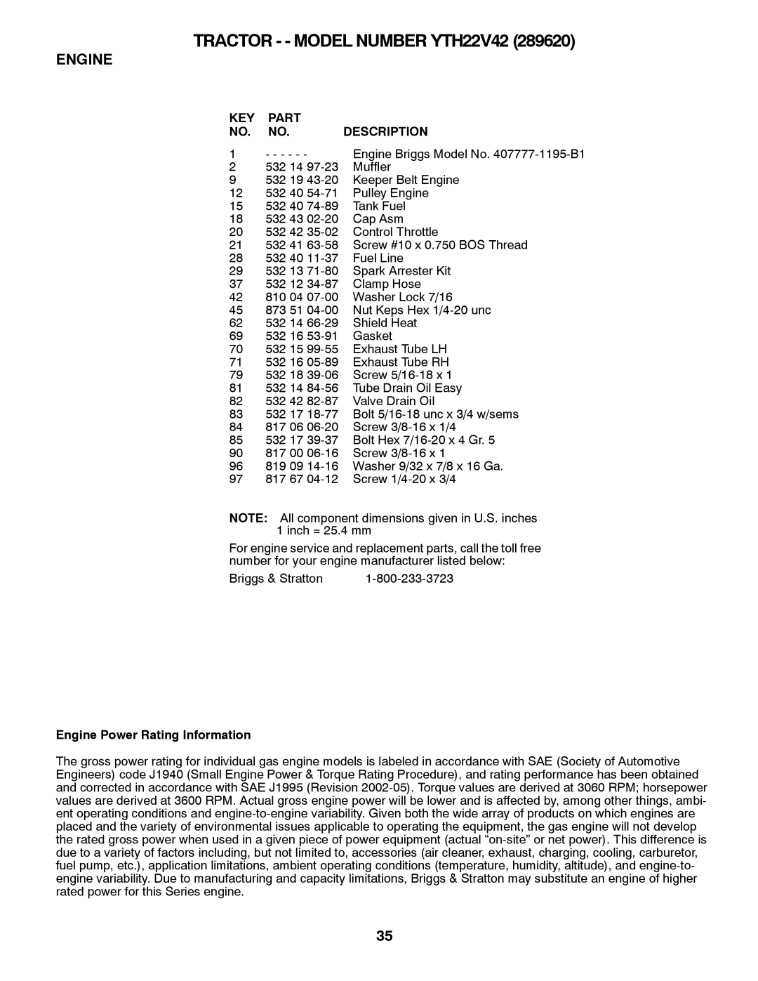 Husqvarna YTH22V42 owner manual Engine Power Rating Information 