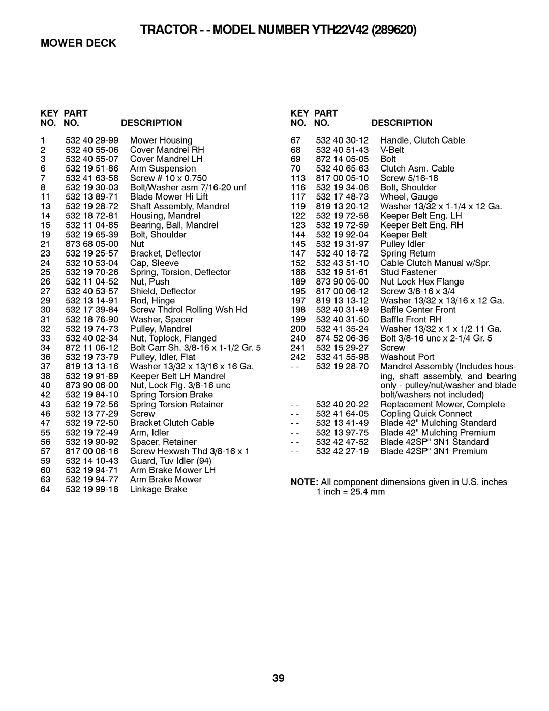 Husqvarna YTH22V42 owner manual KEY Part NO. no Description 