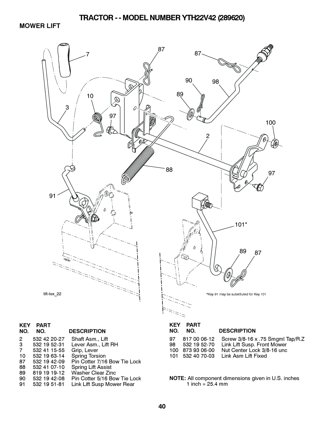 Husqvarna YTH22V42 owner manual Mower Lift, 100 101 