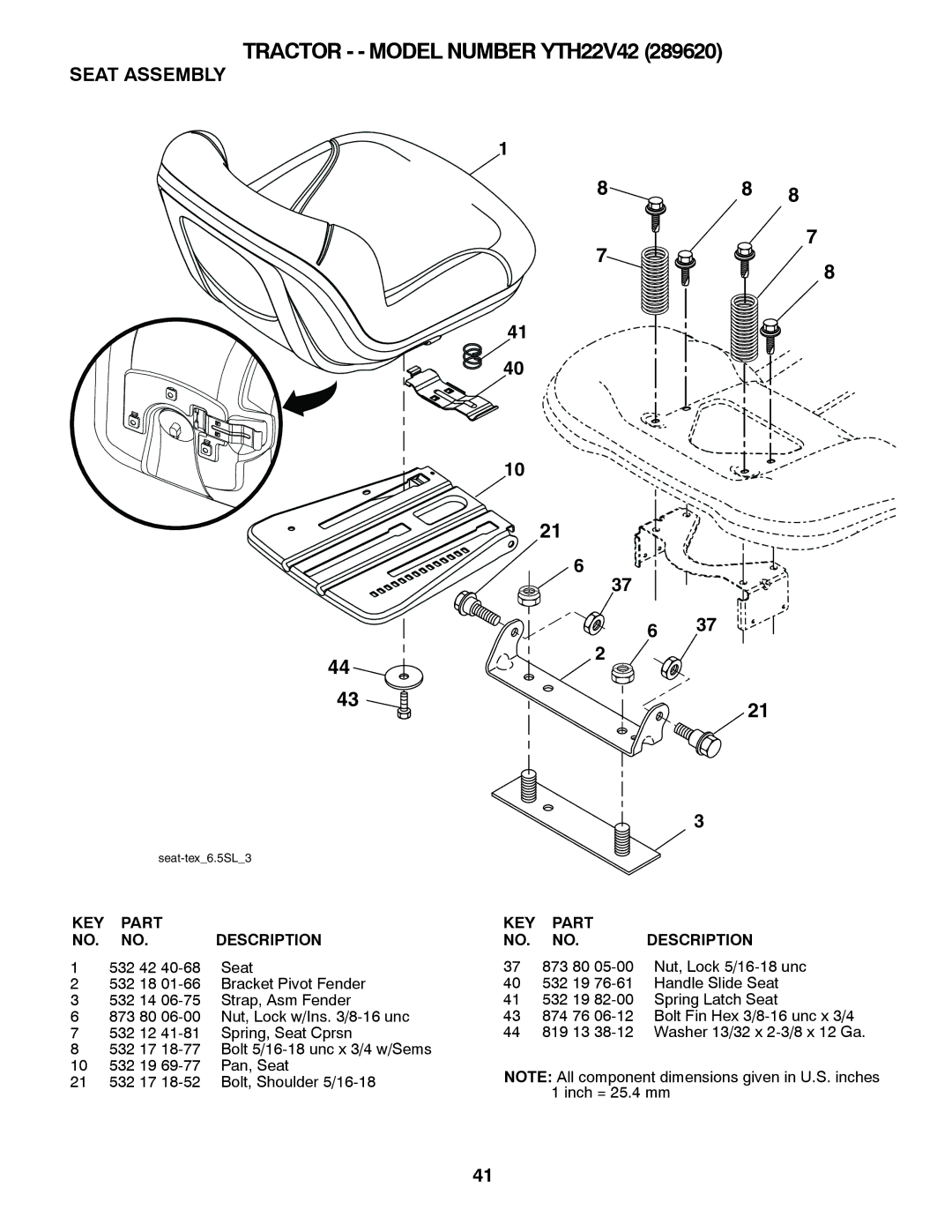 Husqvarna YTH22V42 owner manual Seat Assembly 