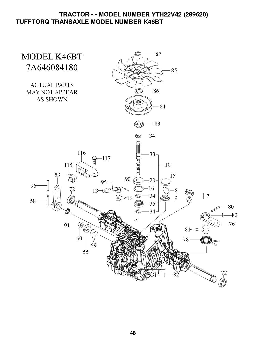 Husqvarna YTH22V42 owner manual Model K46BT 