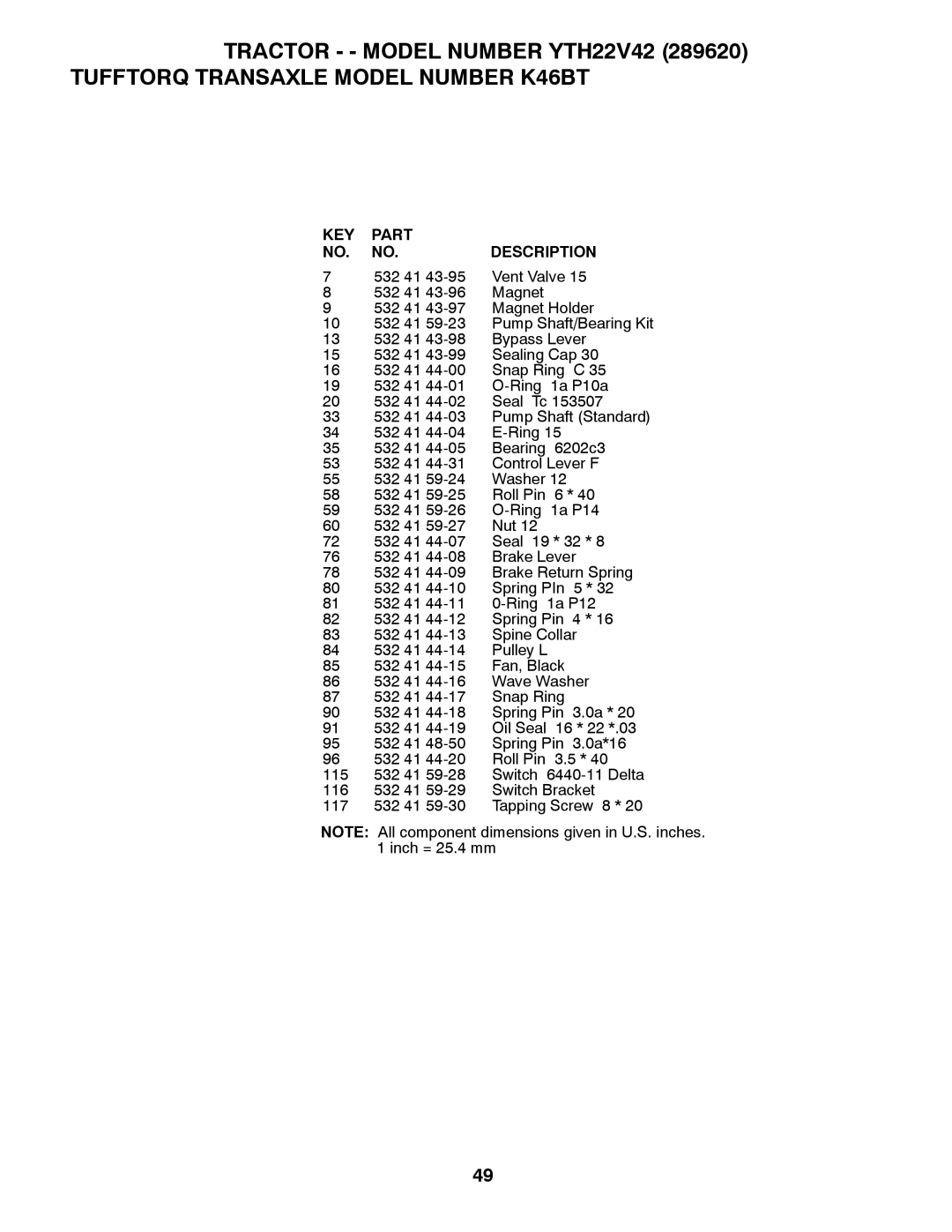 Husqvarna YTH22V42 owner manual KEY Part Description 