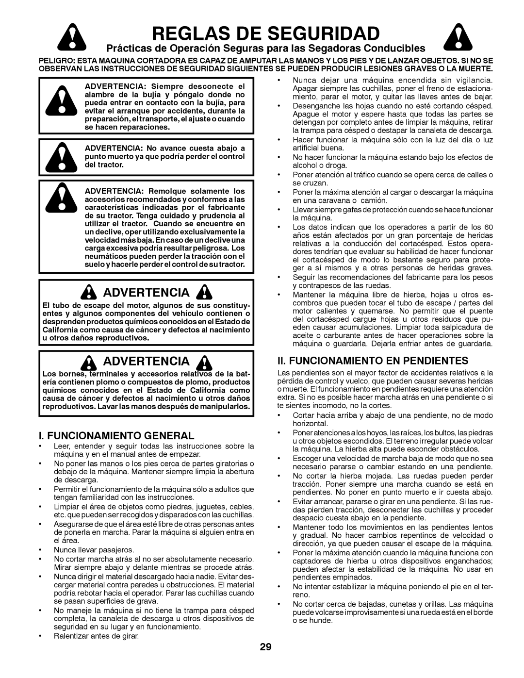 Husqvarna YTH22V42 warranty Reglas DE Seguridad, Advertencia, Funcionamiento General, II. Funcionamiento EN Pendientes 