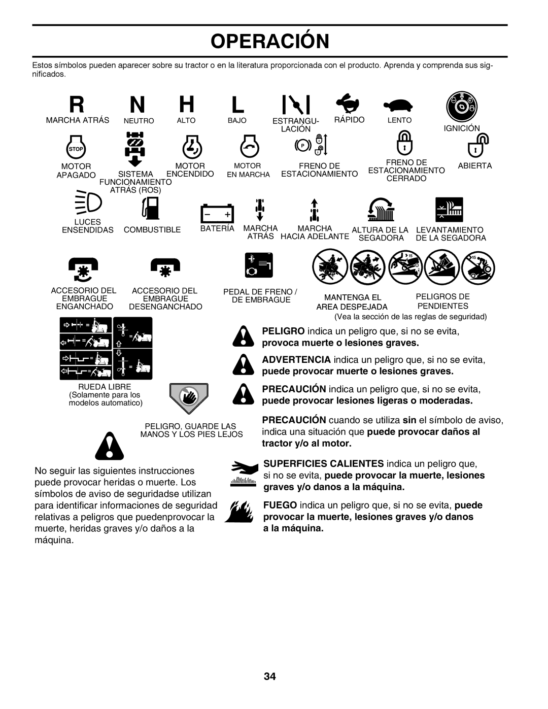 Husqvarna YTH22V42 warranty Operación, Tractor y/o al motor 