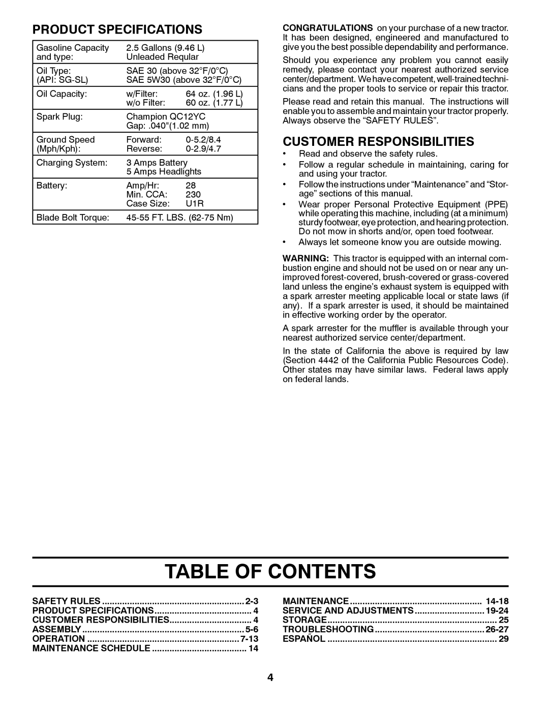 Husqvarna YTH22V42 warranty Table of Contents 