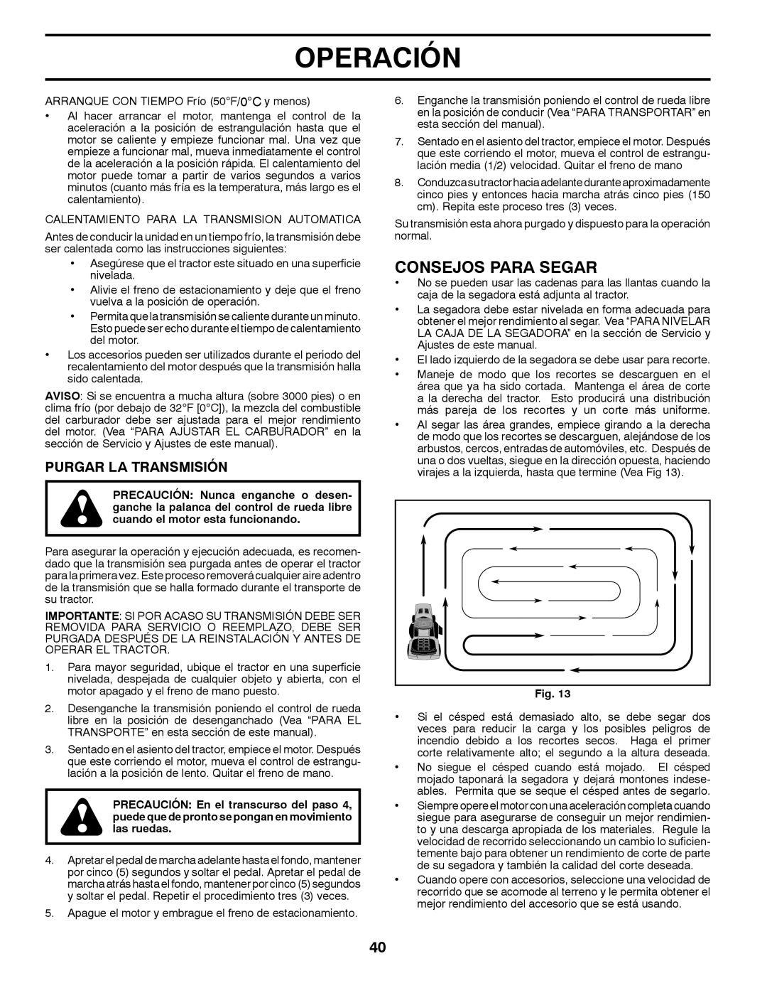 Husqvarna YTH22V42 warranty Purgar LA Transmisión, Calentamiento Para LA Transmision Automatica 