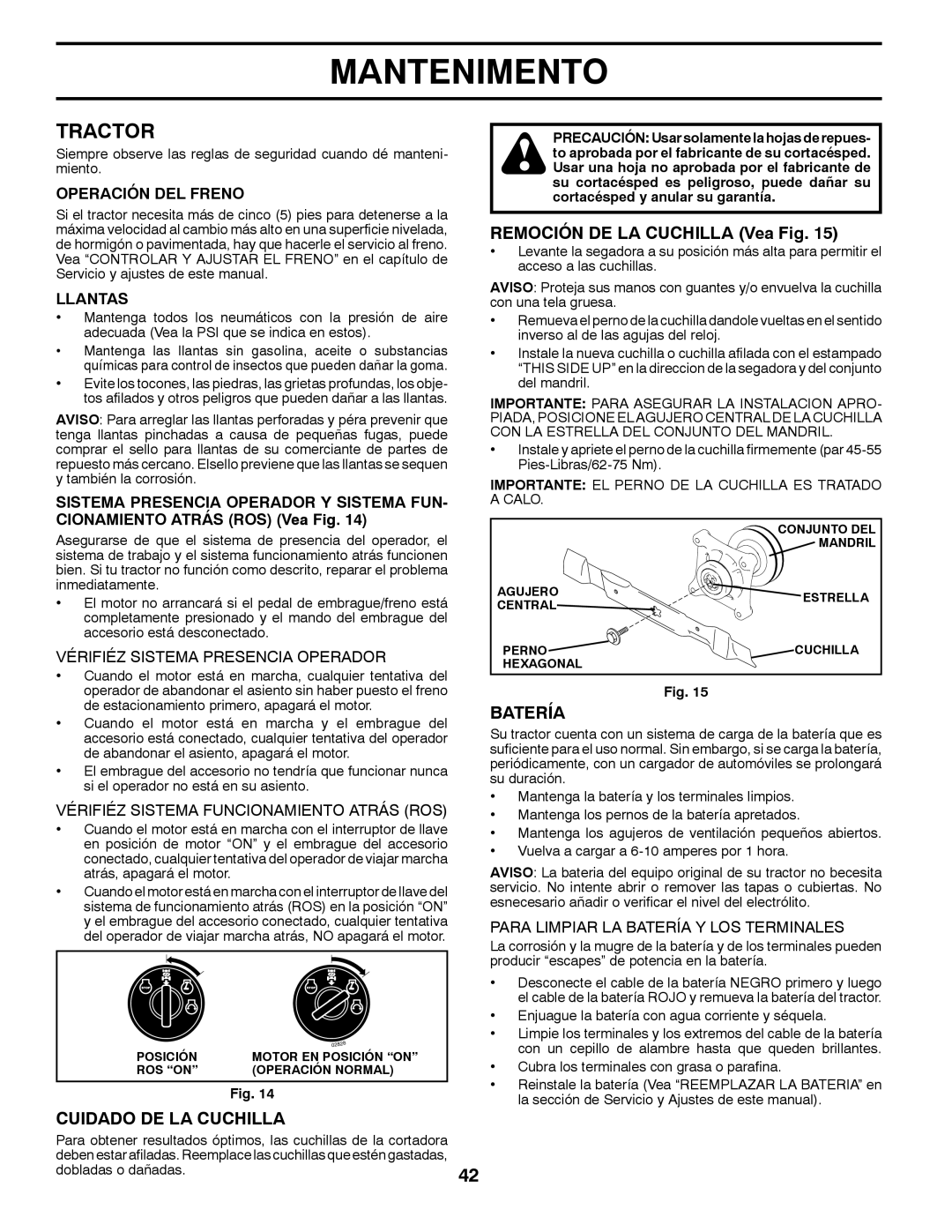 Husqvarna YTH22V42 warranty Cuidado DE LA Cuchilla, Batería, Operación DEL Freno, Llantas 