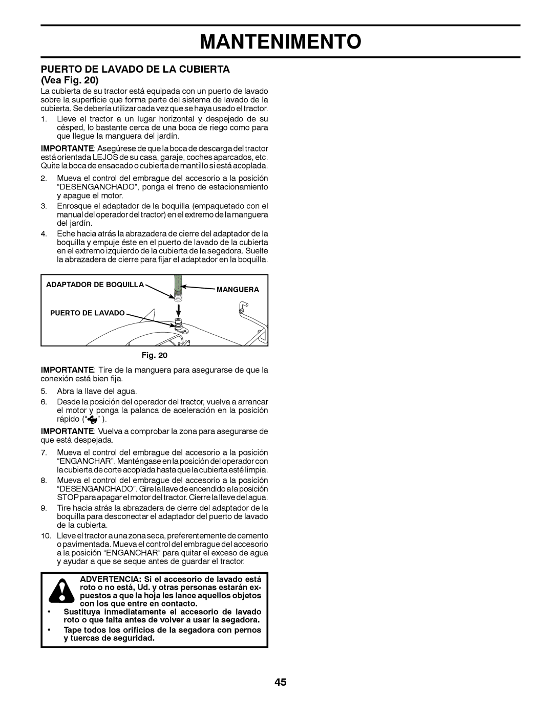 Husqvarna YTH22V42 warranty Puerto DE Lavado DE LA Cubierta Vea Fig 