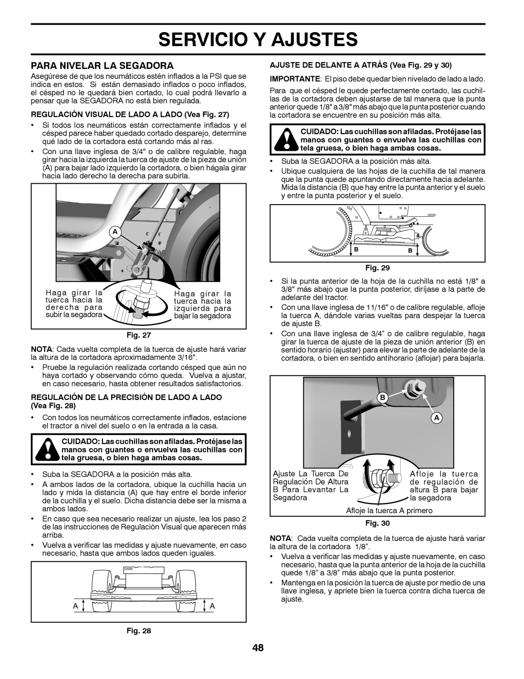 Husqvarna YTH22V42 warranty Para Nivelar LA Segadora, Regulación Visual DE Lado a Lado Vea Fig 