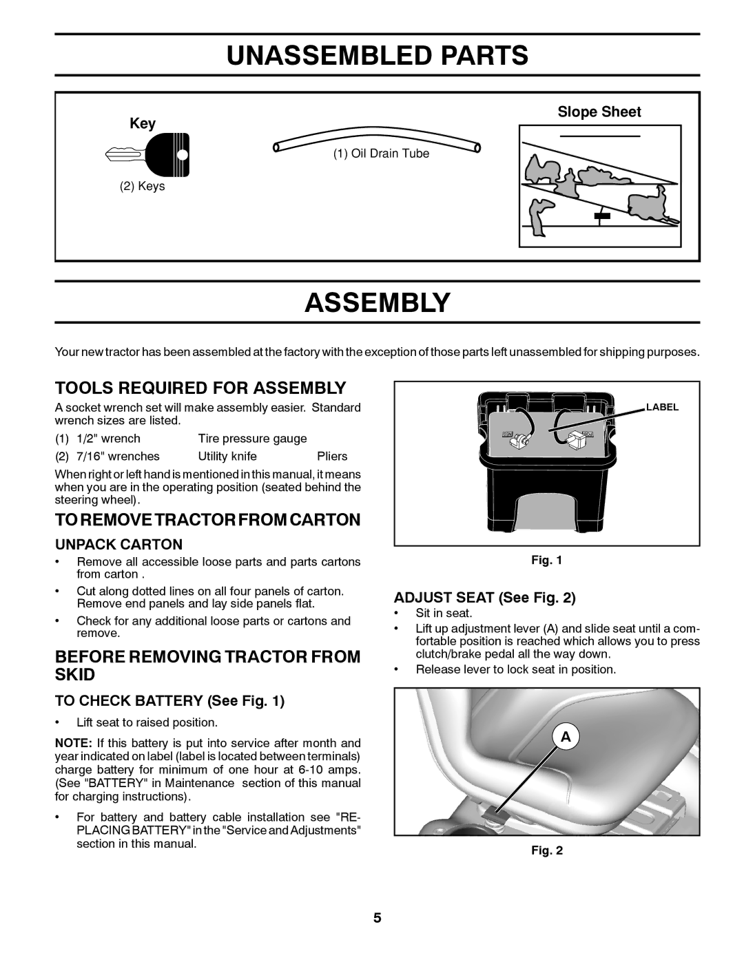 Husqvarna YTH22V42 warranty Unassembled Parts, Tools Required for Assembly, Toremovetractorfromcarton 