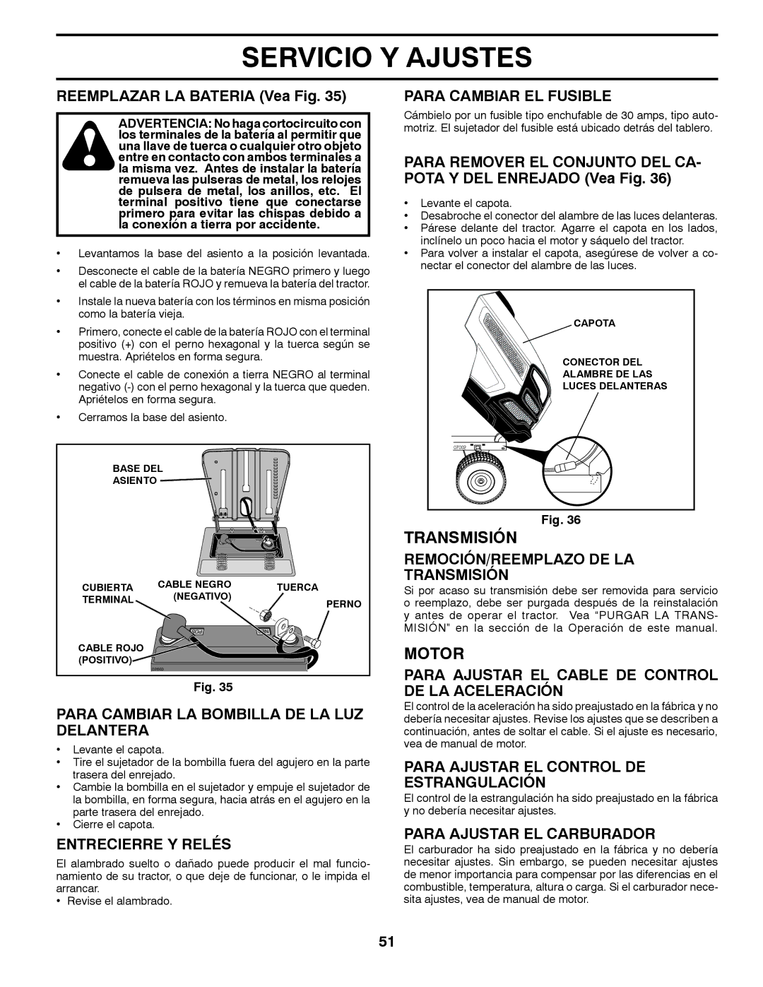 Husqvarna YTH22V42 warranty Para Cambiar LA Bombilla DE LA LUZ Delantera, Entrecierre Y Relés, Para Cambiar EL Fusible 