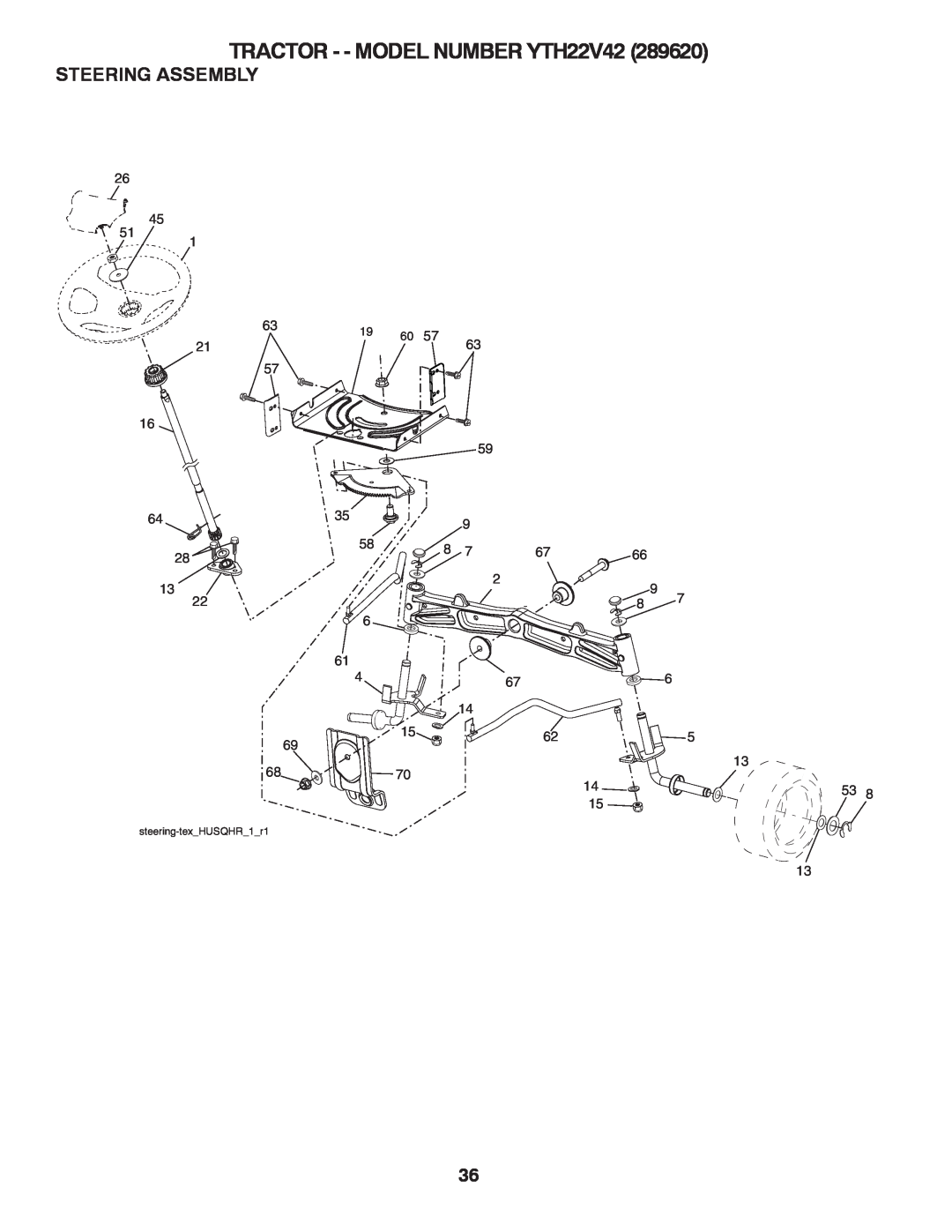 Husqvarna owner manual Steering Assembly, TRACTOR - - MODEL NUMBER YTH22V42, steering-texHUSQHR1r1 