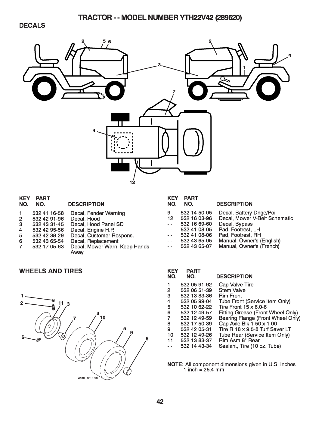 Husqvarna owner manual Decals, Wheels And Tires, TRACTOR - - MODEL NUMBER YTH22V42, wheelart1-tex 